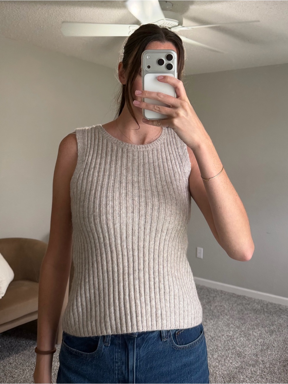 Sonoma Cream Ribbed Sleeveless Knit Tank